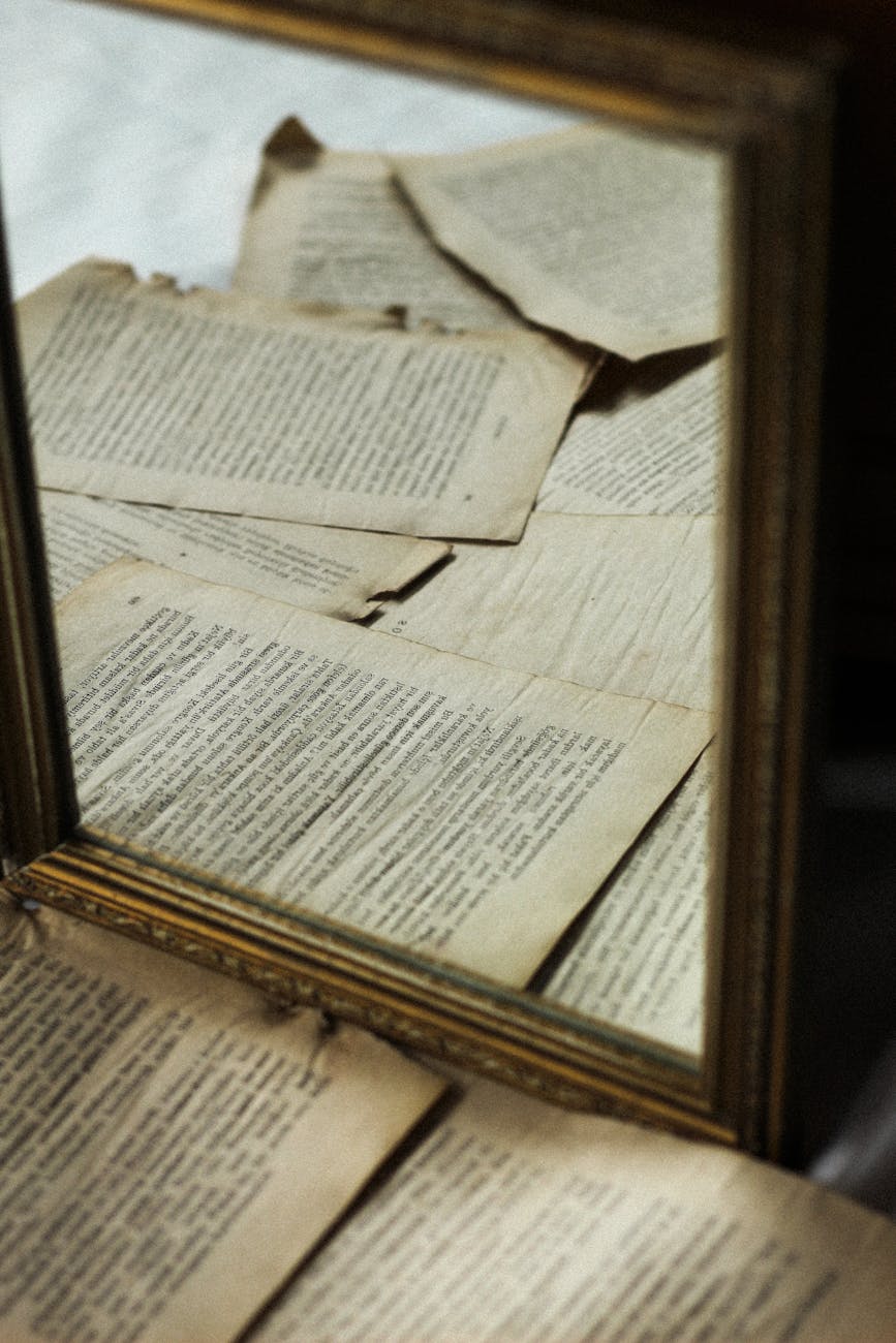 old pages reflecting in mirror