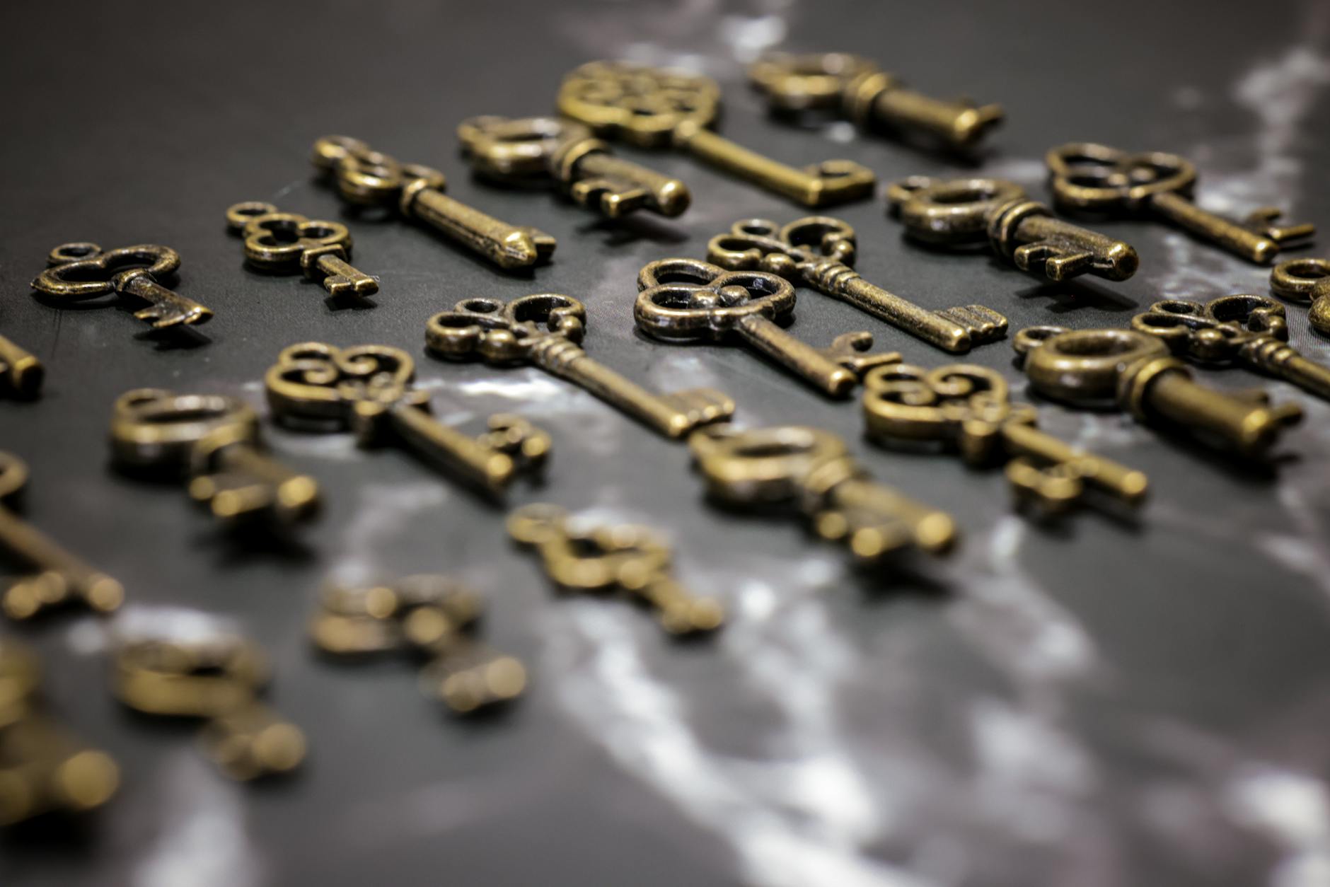 vintage style brass key collection on display