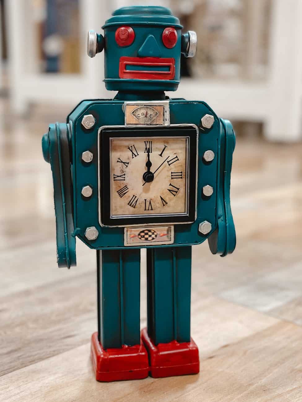 blue and red robot clock