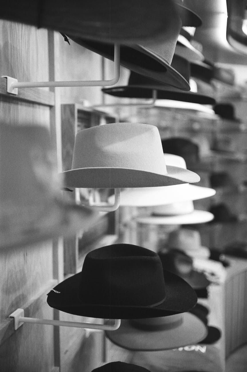 hats on stands in a store