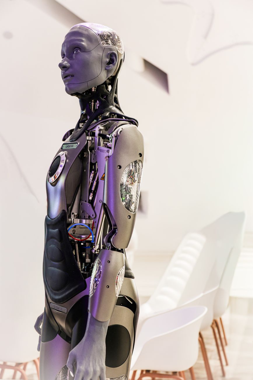 futuristic robot in modern conference room